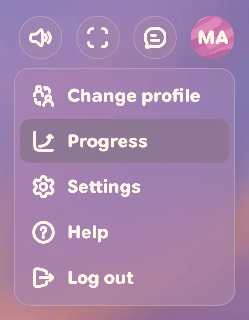 The account menu open below the round profile button, listing Change profile, Progress, Settings, Help and Log out, with Progress highlighted between Change profile and Settings.