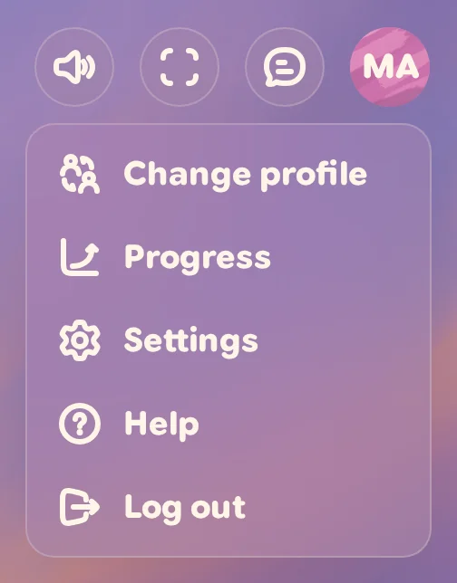 The account menu open below the round MA button in the top-right corner, beside the sound, full screen and Fresh Paint buttons, listing Change profile, Progress, Settings, Help and Log out.
