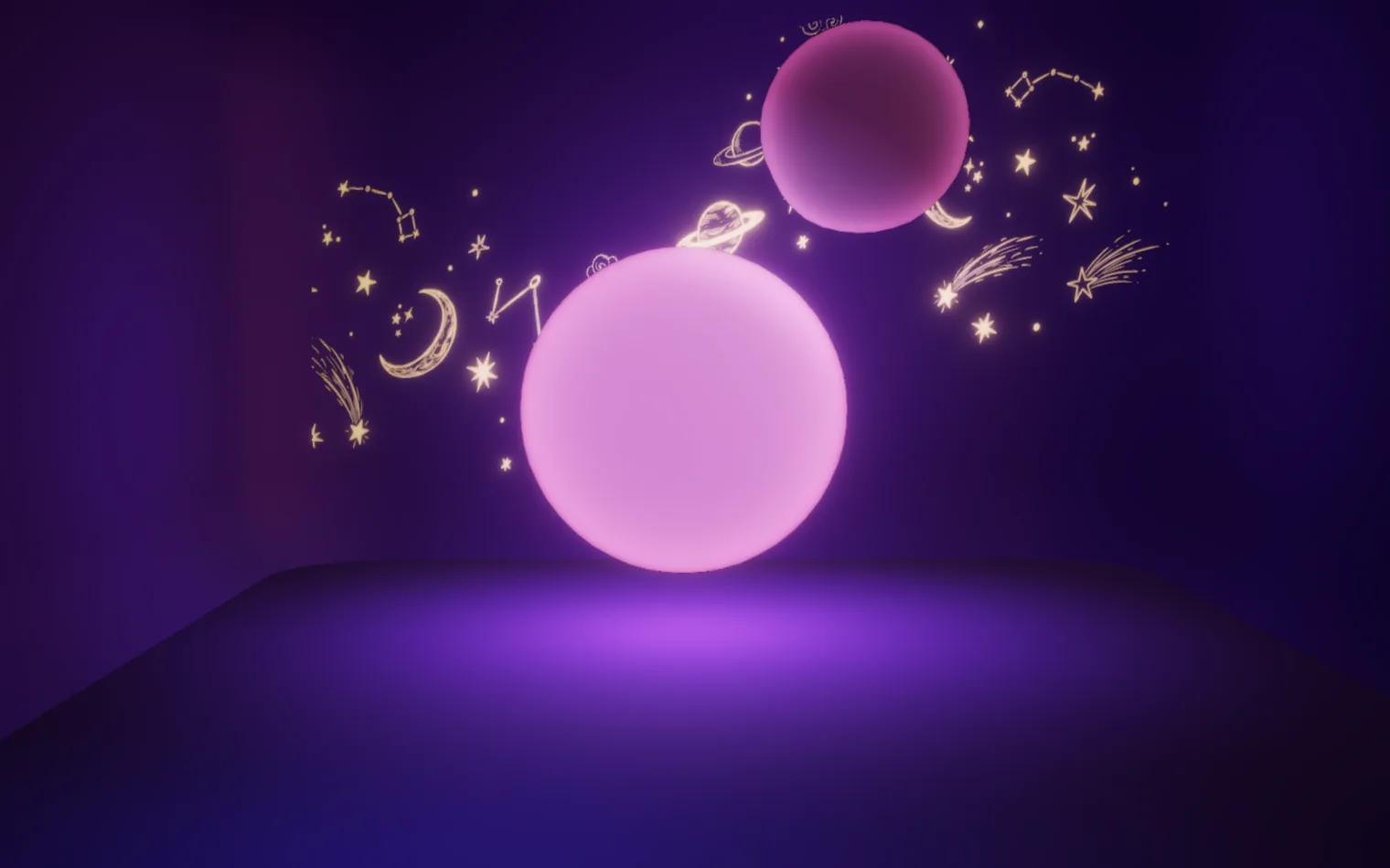 The same Blow bubbles moment with no buddy and no speech bubble; the pink bubbles have the whole screen.