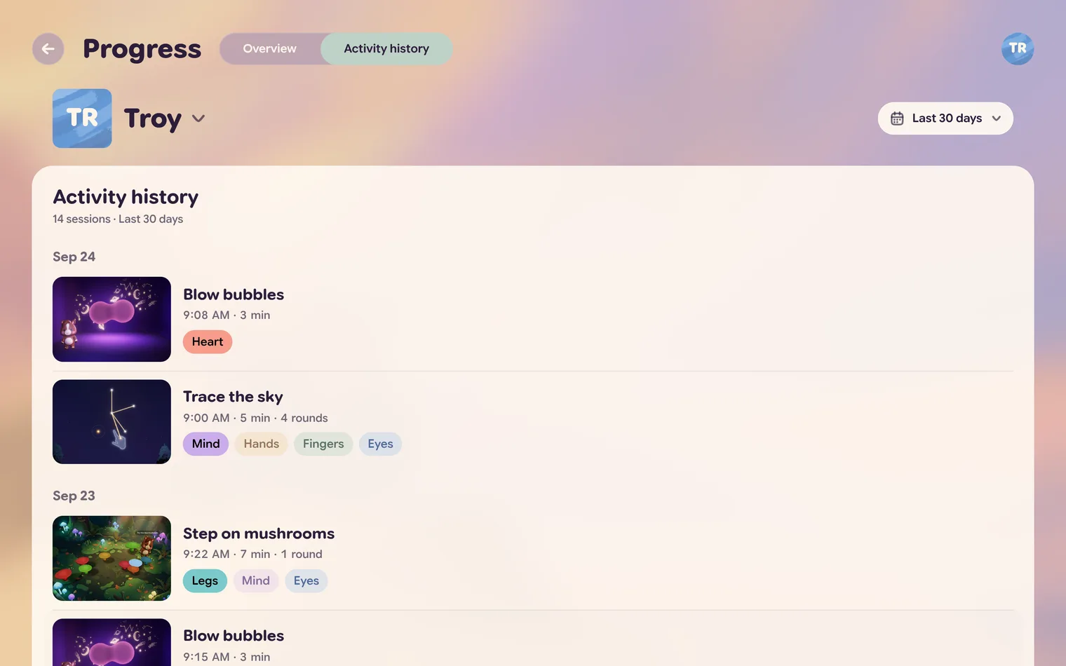 The Activity history tab: 14 sessions in the last 30 days, grouped under Sep 24 and Sep 23, each with a picture, the activity name, the time, how long, the rounds and skill badges.