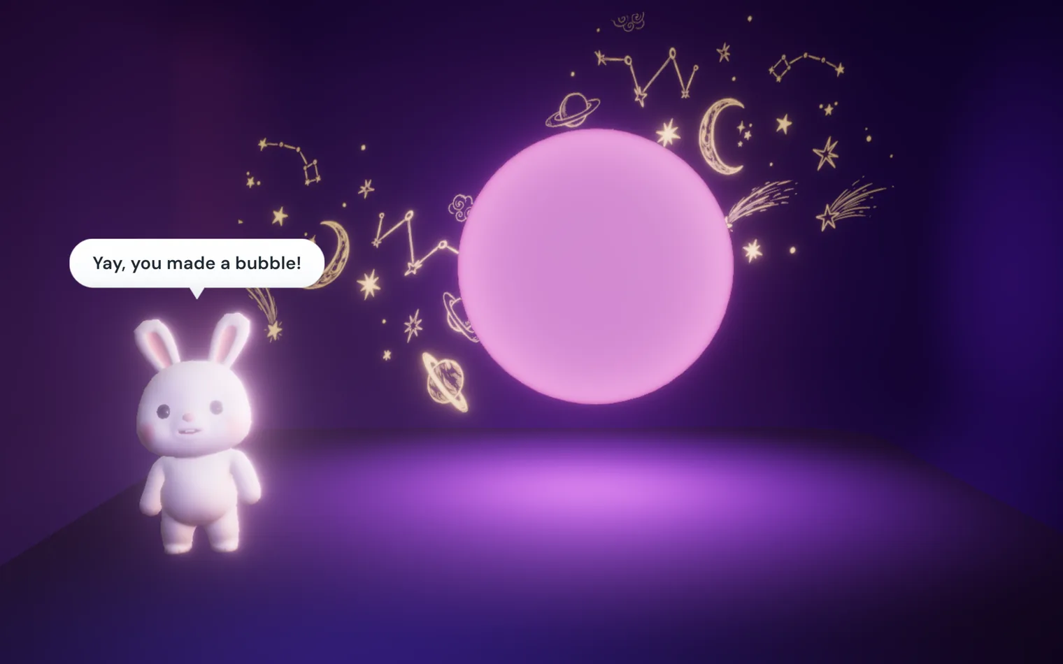Blow bubbles with the buddy standing on the left under a speech bubble that says Yay, you made a bubble!, next to a big pink bubble.