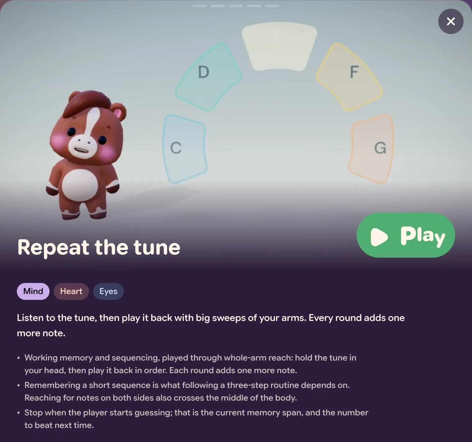 The Repeat the tune card: a picture of Horsie beside a fan of coloured note pads, the title and a green Play button, then the skill tags Mind (filled in), Heart and Eyes, a sentence about the activity, and three short notes.