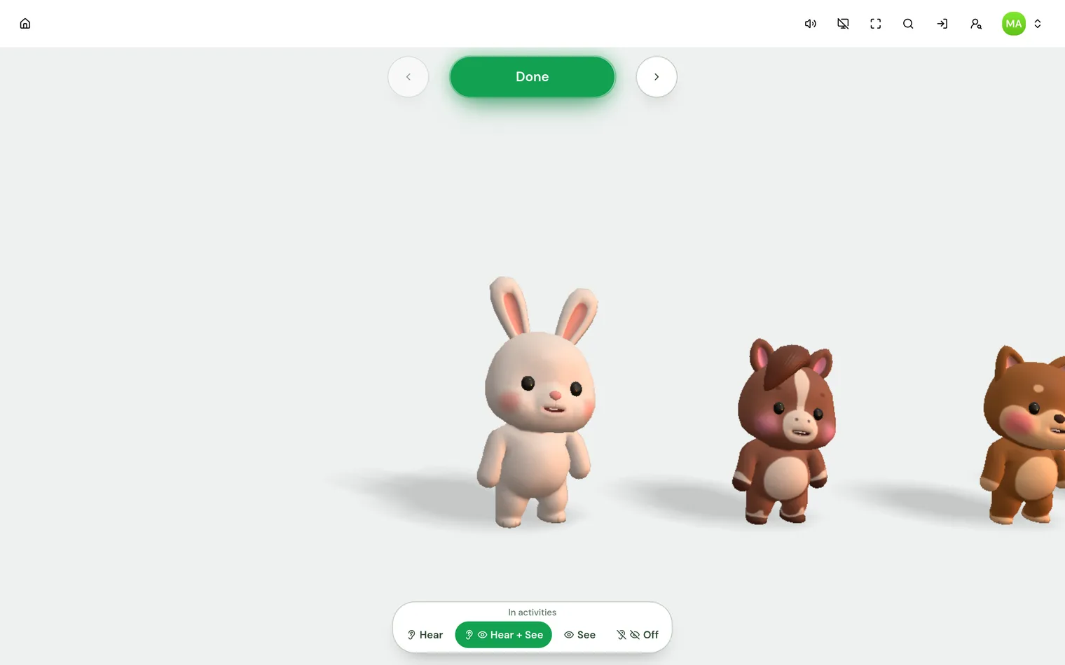 The Buddy page: a green Done button between two arrow buttons at the top, Bunny standing in the middle with Horsie and Shiba beside it, and the buddy mode switch at the bottom under the words In activities.