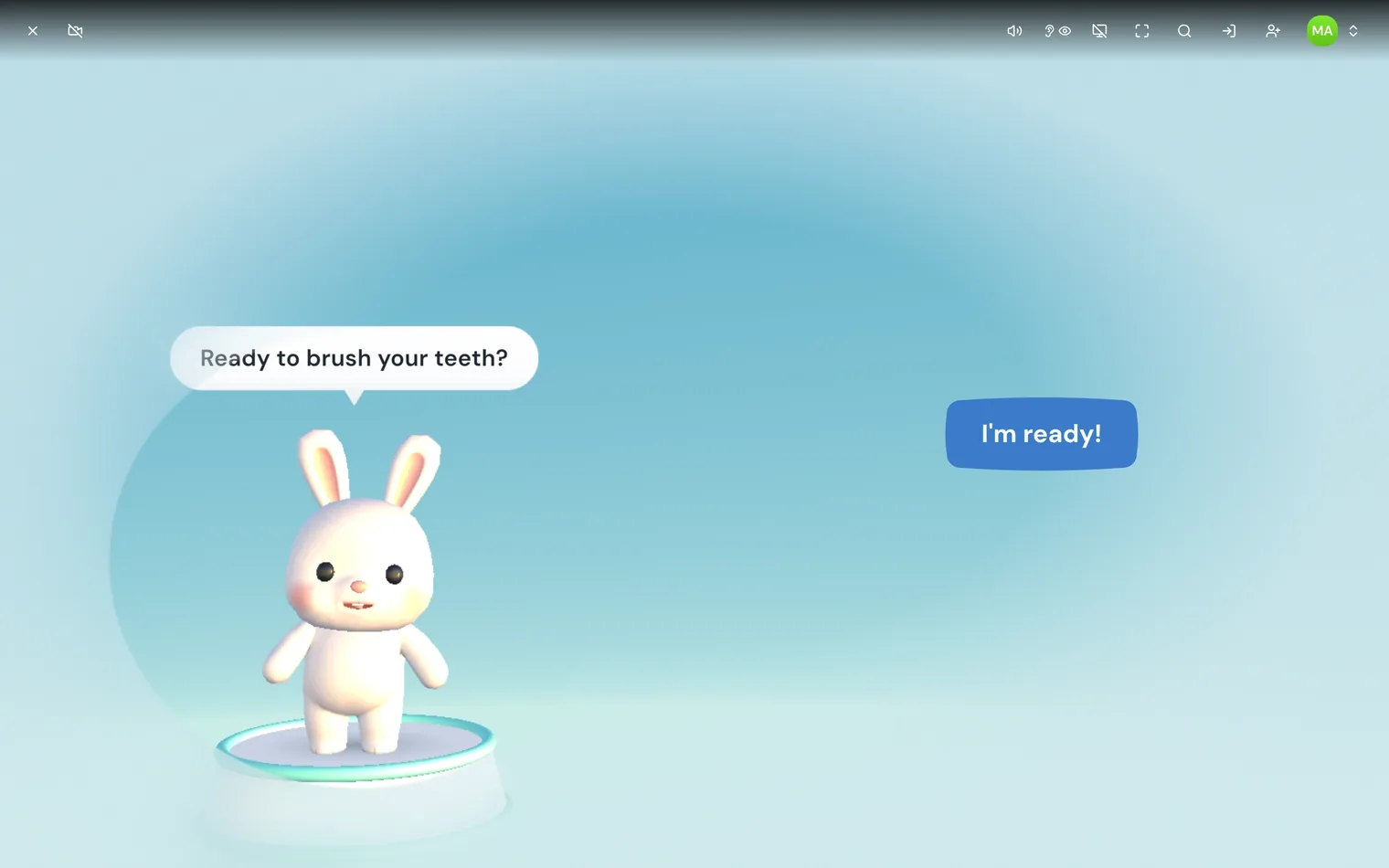 Brush Time in Hear + See: the buddy stands on its pedestal under a speech bubble that asks Ready to brush your teeth?, with an I’m ready! answer button on the right.