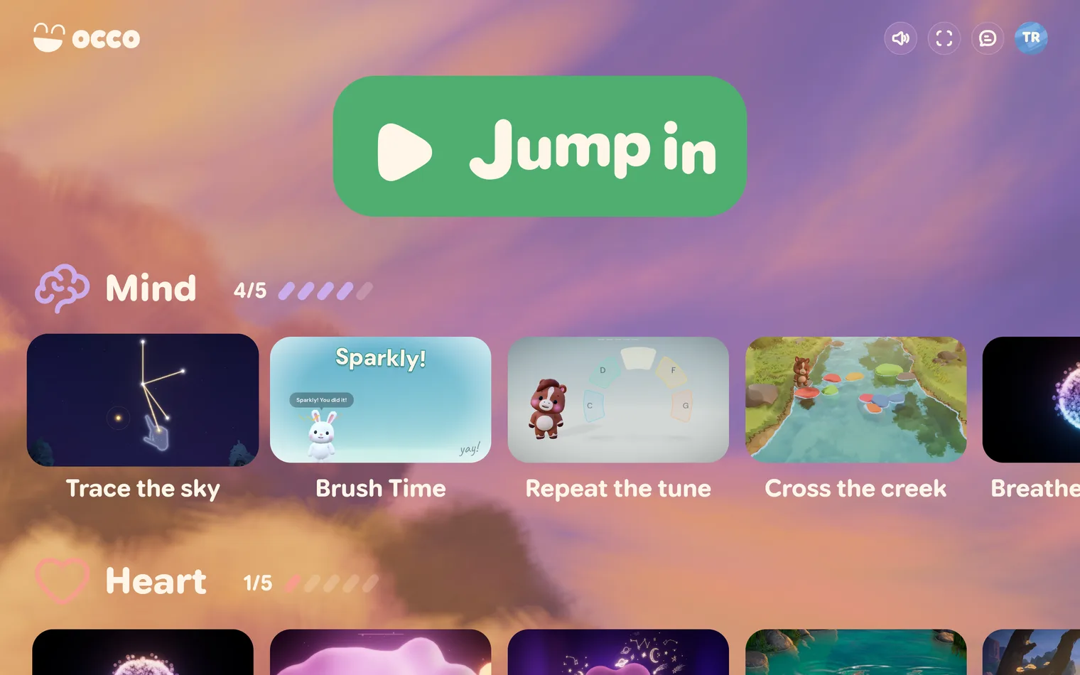 The occo home screen for Troy over a painted sunset sky: the occo name at the top left, four round buttons at the top right, a big green Jump in button, then the Mind row at 4 of 5 with Trace the sky, Brush Time, Repeat the tune and Cross the creek, and the Heart row starting below it.