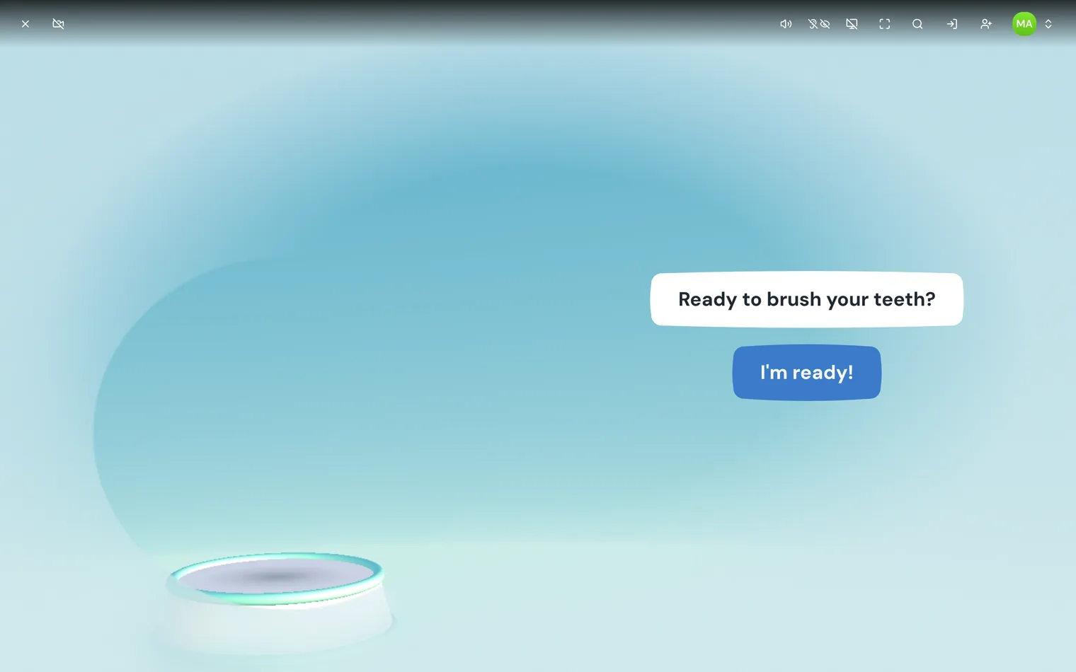 The same Brush Time question in Off: no buddy on screen, and a white card saying Ready to brush your teeth? sits just above the I’m ready! answer button.