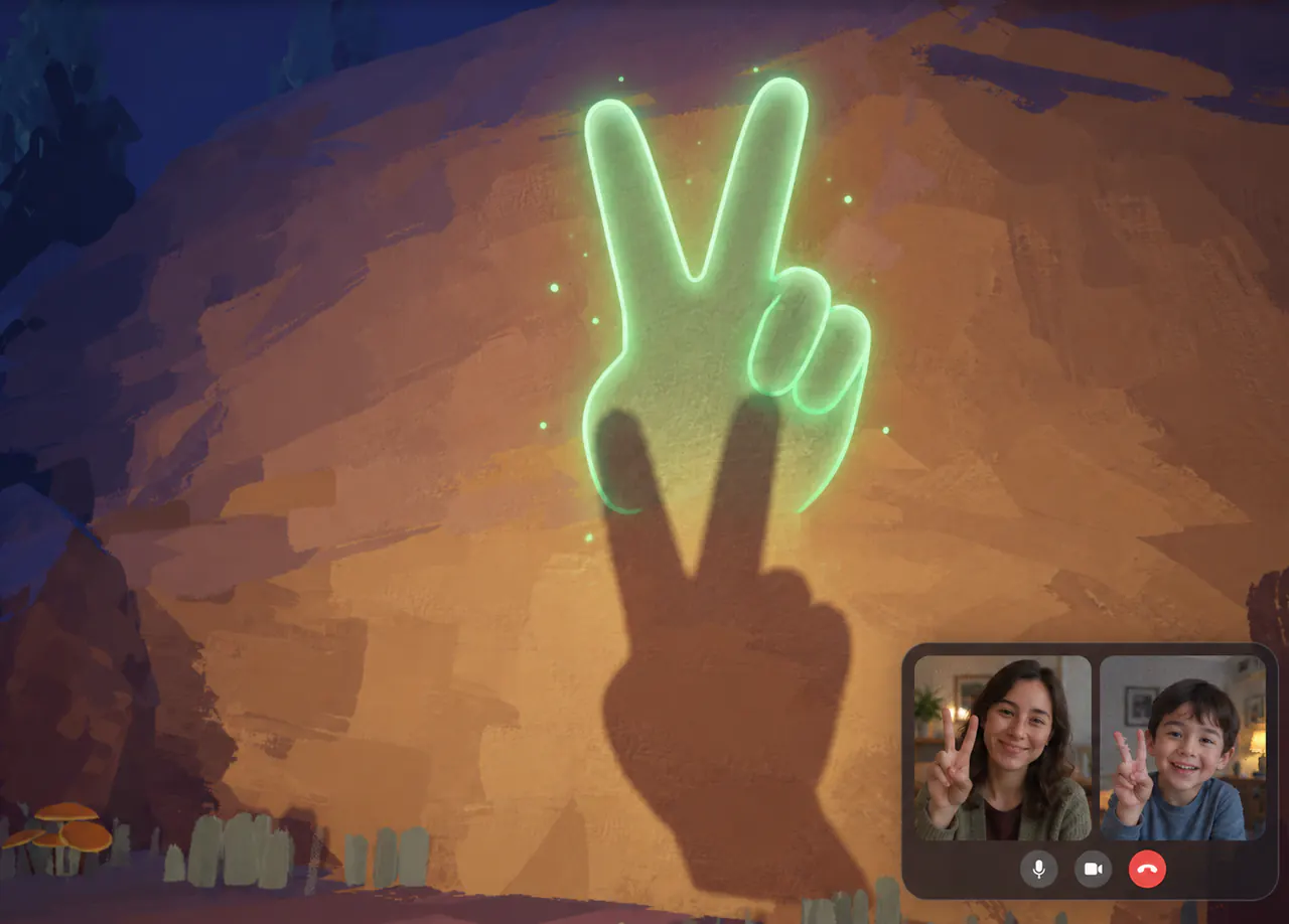 A hand-shape matching game on a video call: a child and a therapist each hold up two fingers to match the glowing hand on the screen