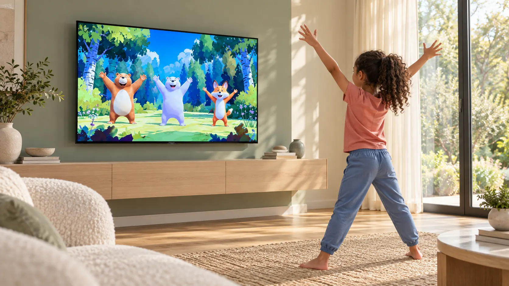 A child in a bright living room raises both arms in a high V, copying the bears and the fox on the TV