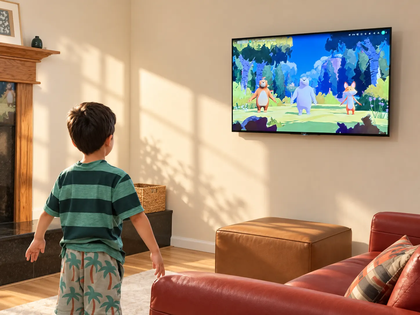 A child stands in a sunny living room, arms low and out to the sides, copying the bears and the fox on a wall-mounted TV
