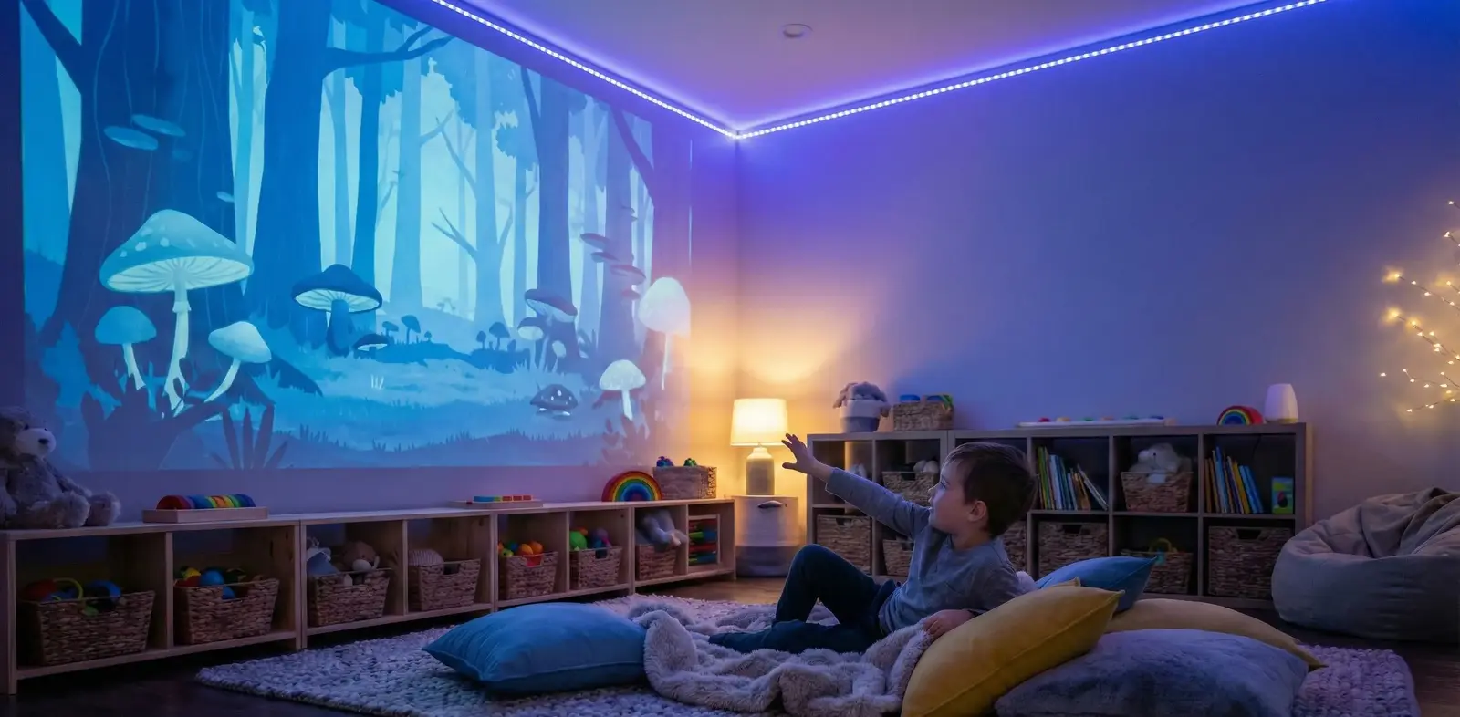 A child lying on floor cushions, reaching toward a forest scene projected across a bedroom wall