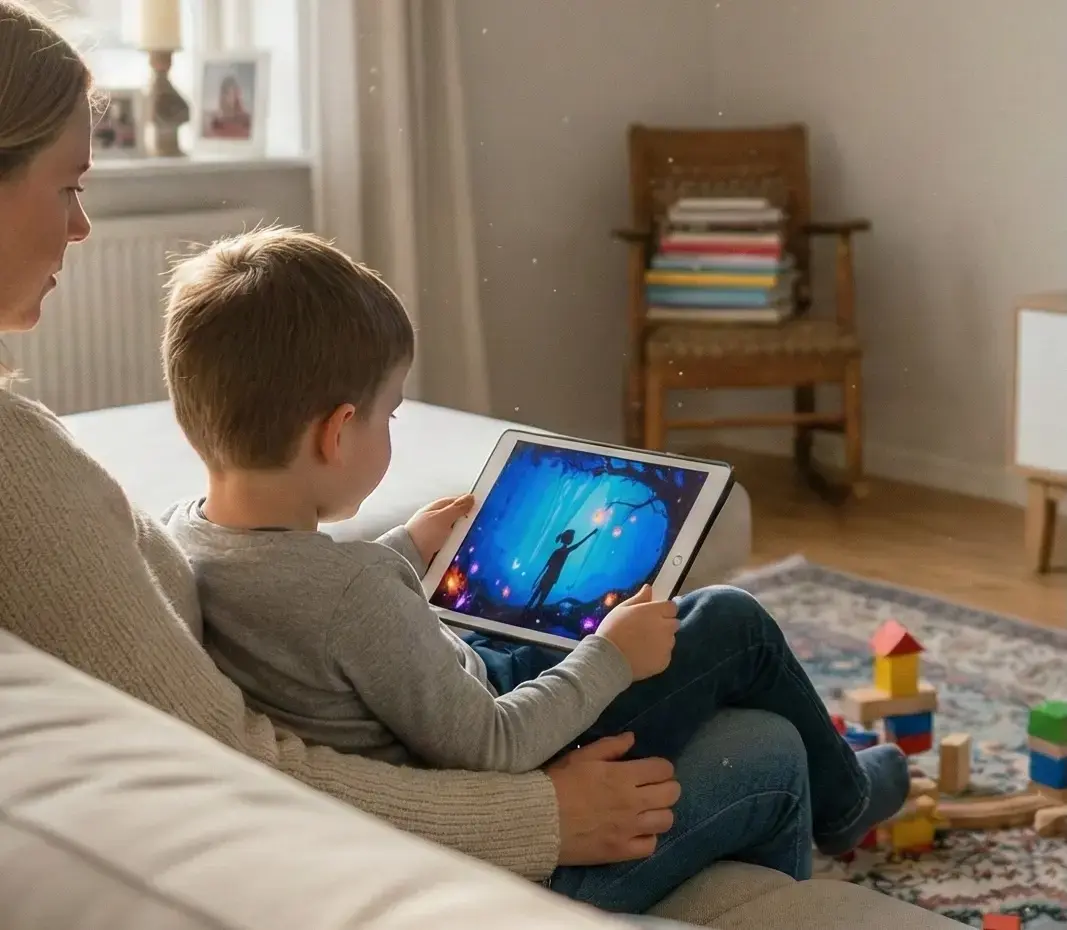 A child on a parent’s lap holding a tablet that shows a calm night scene