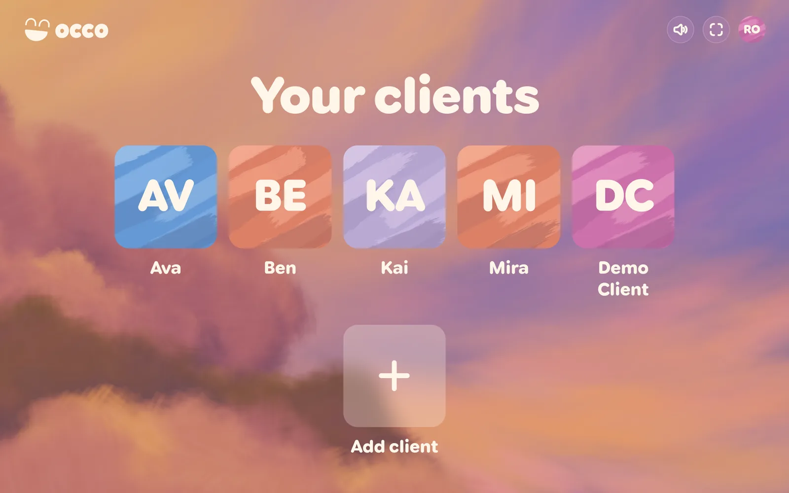A clinic’s home in occo: “Your clients” over a painted tile for each client — Ava, Ben, Kai, Mira and the Demo Client — and Add client