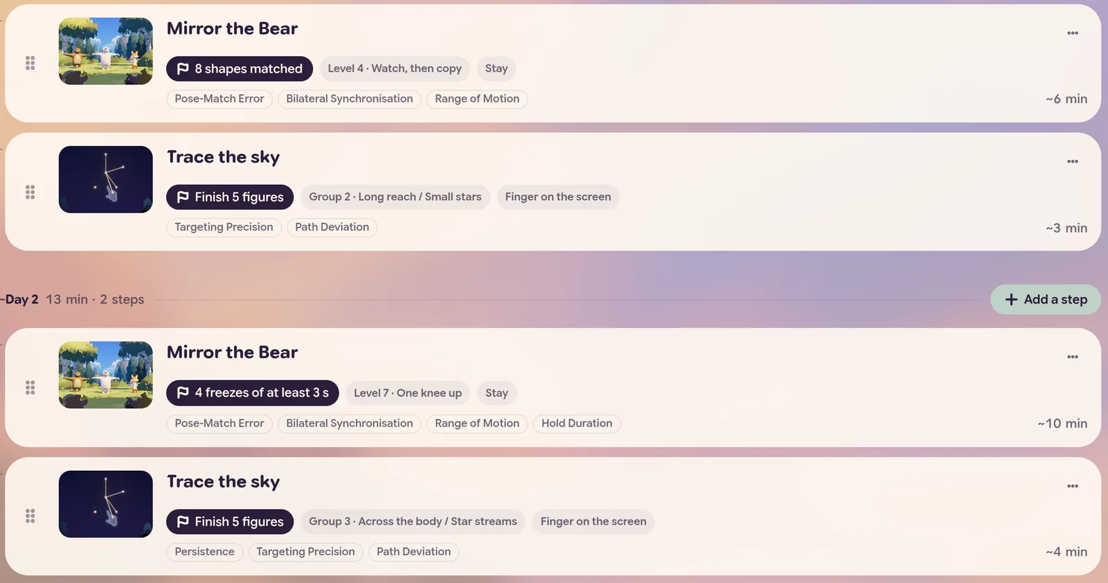 A program’s days in occo: Mirror the Bear, 8 shapes matched, level 4, measuring pose match, hands together and reach range, then Trace the sky, finish 5 figures, measuring aim and staying on the line