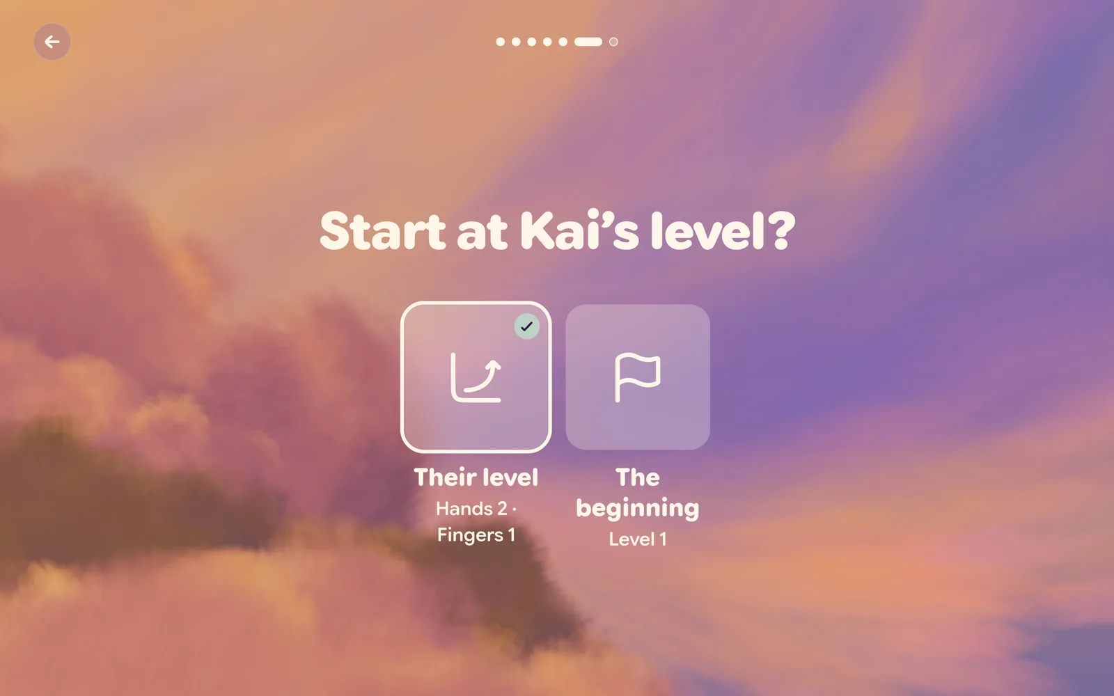 Making a program in occo: “Start at Kai’s level?” with two answers, Their level (Hands 2, Fingers 1) and The beginning