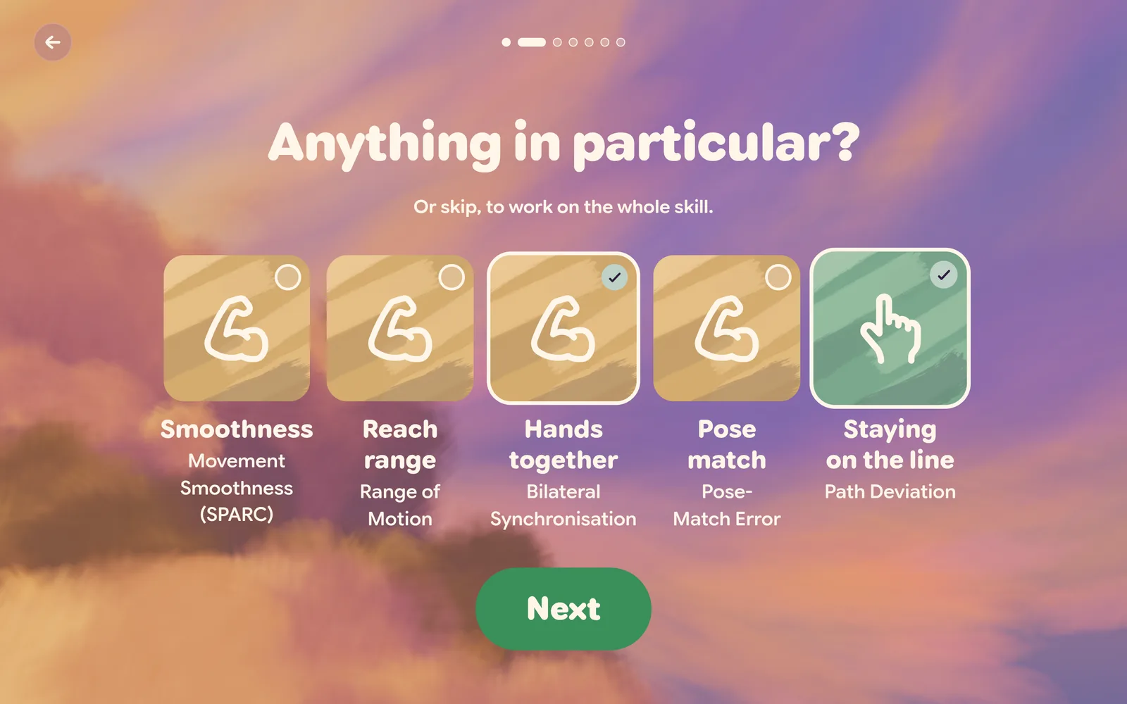 Making a program in occo: “Anything in particular?” over five measures — Smoothness, Reach range, Hands together, Pose match, Staying on the line — with two picked