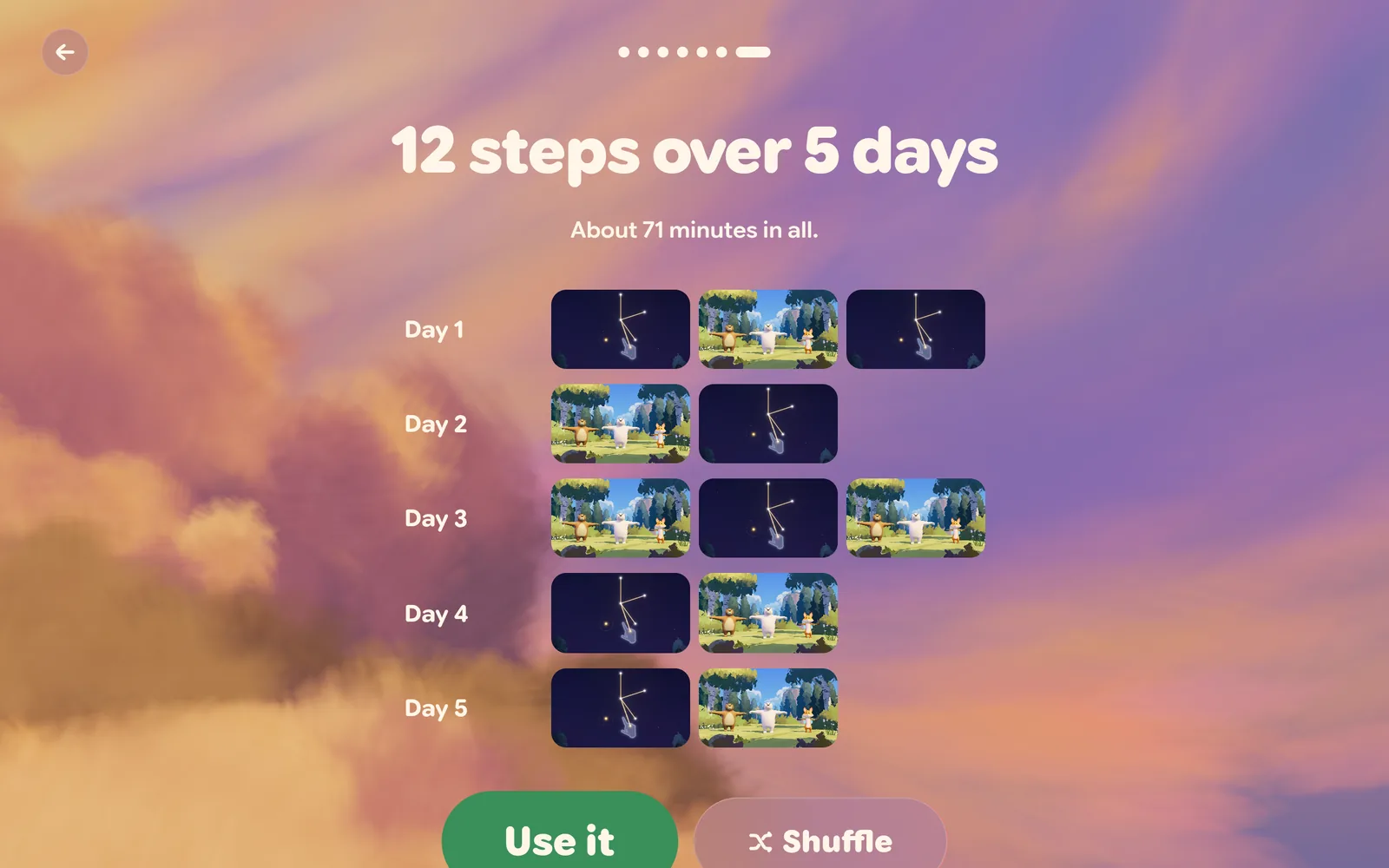 What the program generator made: 12 steps over 5 days, about 71 minutes in all, with Use it and Shuffle