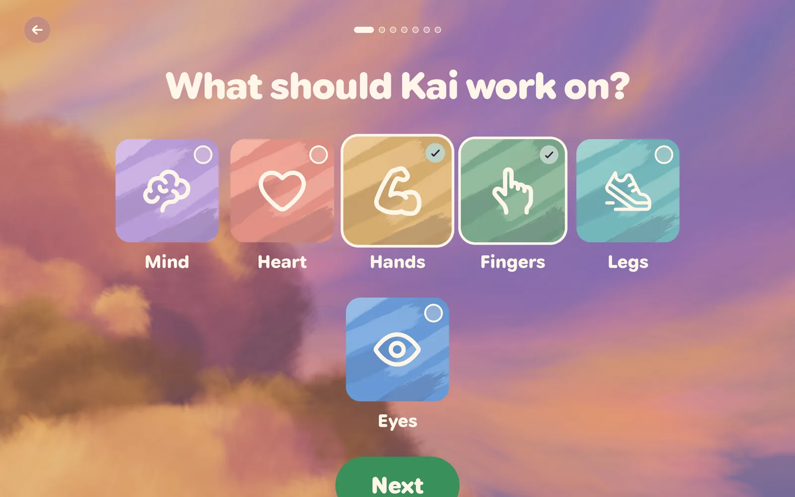 Making a program in occo: “What should Kai work on?” over the six skills, with Hands and Fingers picked